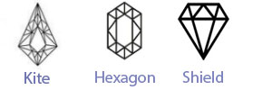 Picture of 3 special cuts of salt and pepper diamonds, Hexagon, Kite and Shield